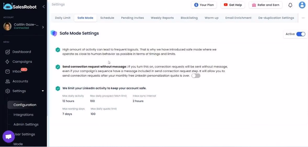 A screenshot of the "Safe Mode Settings" page in SalesRobot, with options for limiting LinkedIn activity.