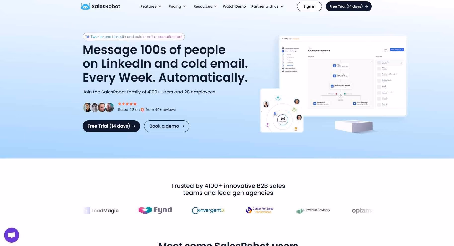 Sales Robot marketing landing page with headline about messaging people on LinkedIn and cold email