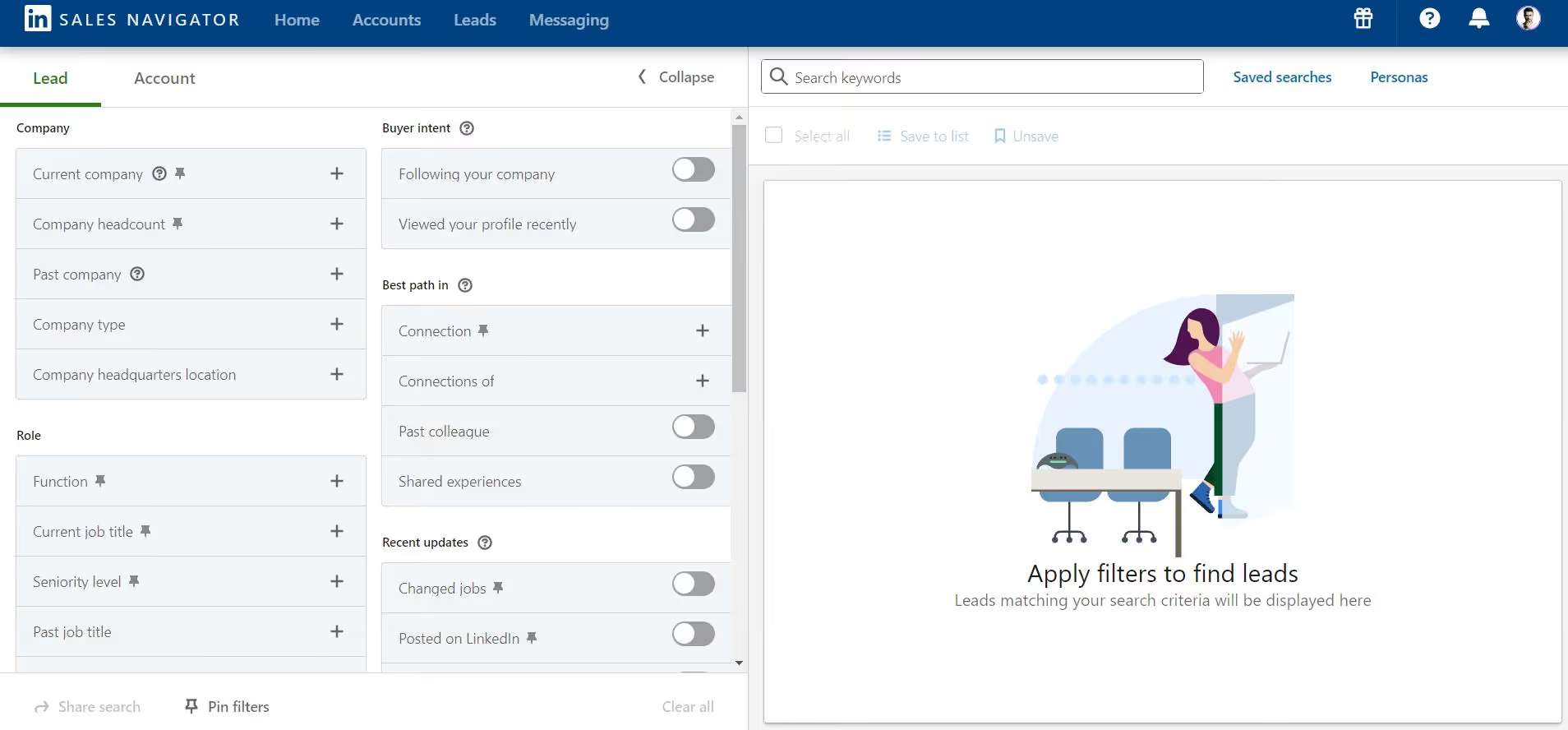 Salesforce Sales Navigator search interface with filters for company and role information.