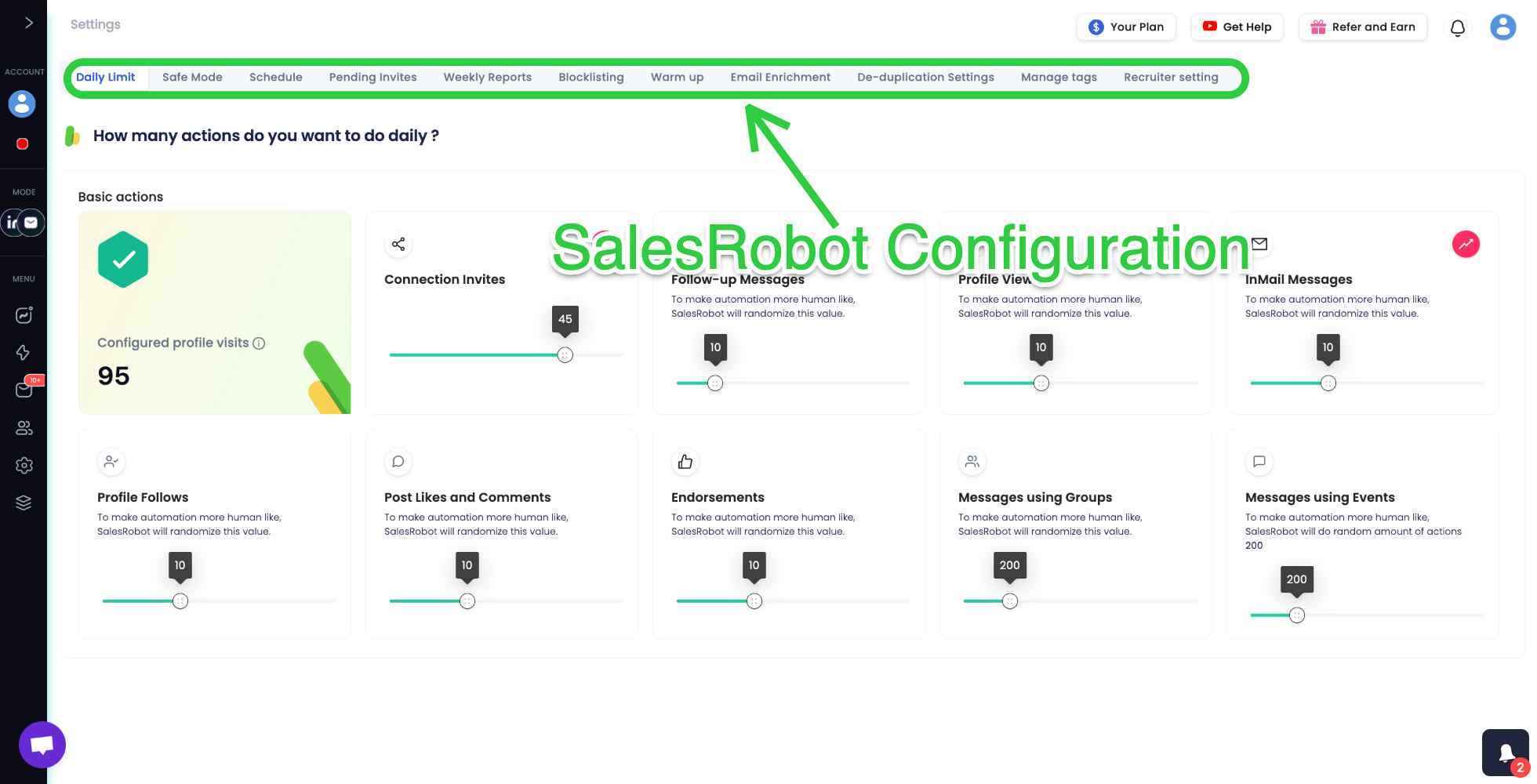 SalesRobot configuration screen with options for daily actions.