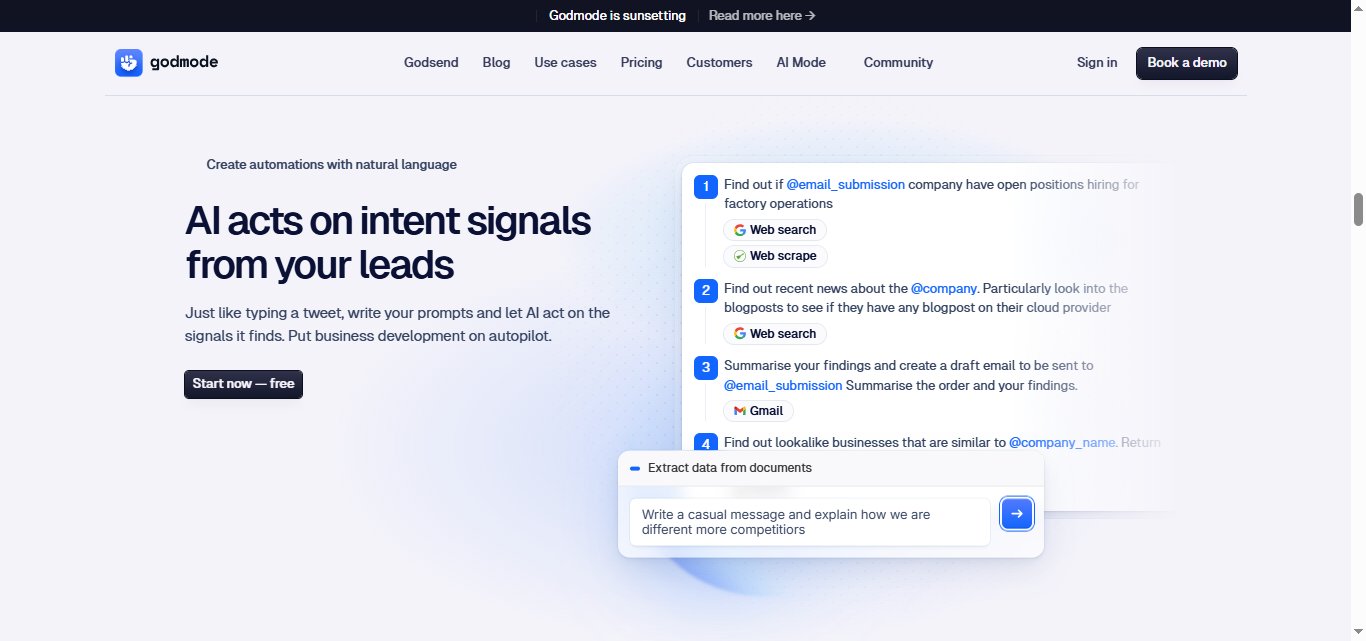 Homepage of Godmode, an AI-powered lead generation platform.