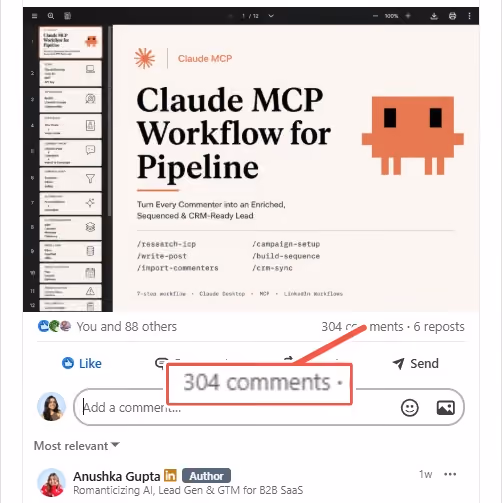 Screenshot of a LinkedIn post about Claude MCP Workflow for Pipeline, with 304 comments highlighted.