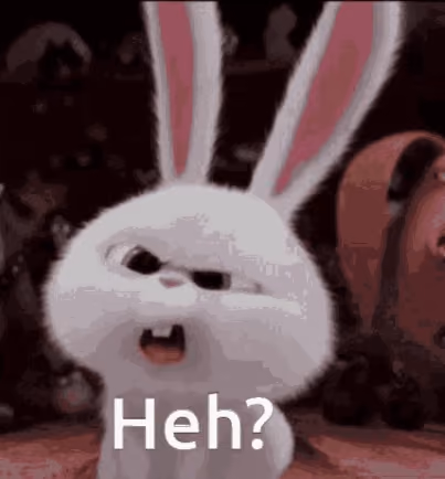 A close-up of Snowball the rabbit from the Secret Life of Pets with an angry expression and the text "Heh?"