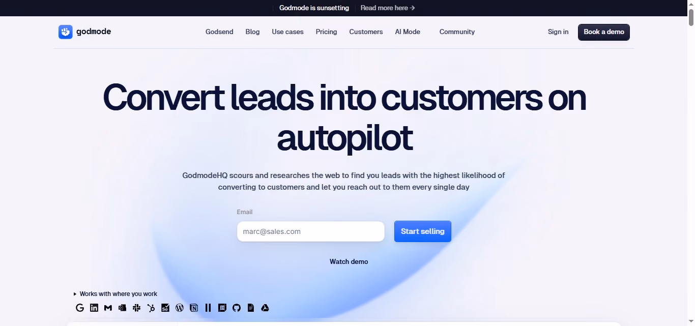 Screenshot of the Godmode website homepage, featuring the headline "Convert leads into customers on autopilot