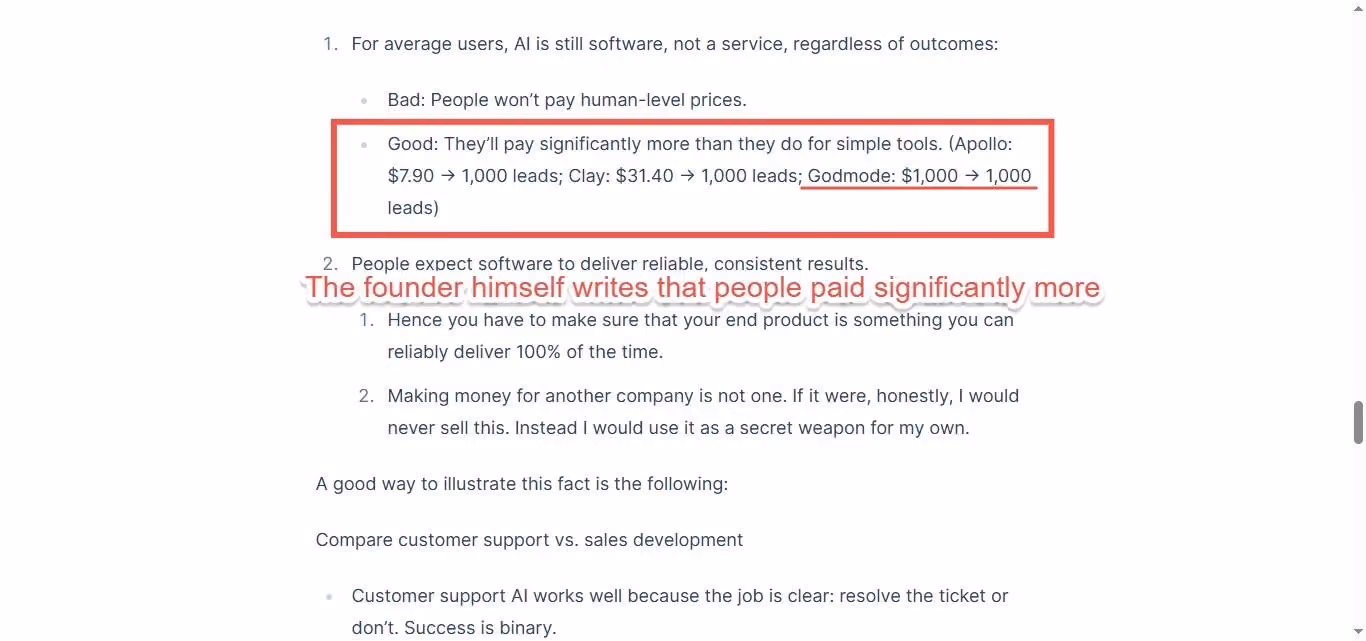 A screenshot of a document comparing different AI lead generation tools, with a red box highlighting pricing information for Godmode.