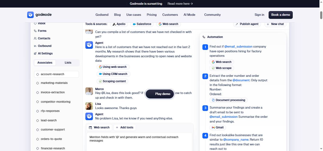 Screenshot of the Godmode dashboard showing various tools and agents, including "account-research", "marketing-materials", and "lead-search