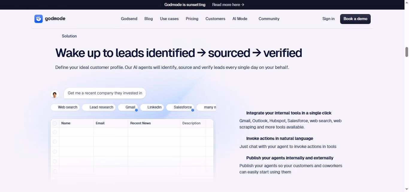 Screenshot of the Godmode website homepage, with the headline "Wake up to leads identified -> sourced -> verified