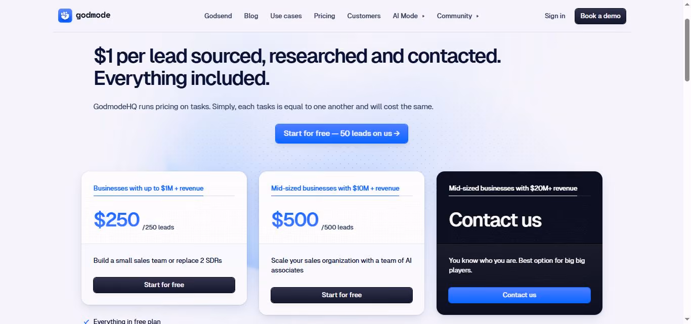 Pricing page for Godmode, detailing different plans based on business size and revenue, with a $1 per lead cost.