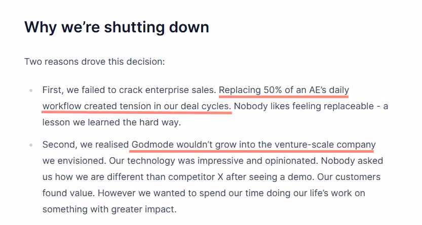 An explanation of why Godmode is shutting down, citing challenges in enterprise sales and venture-scale growth.