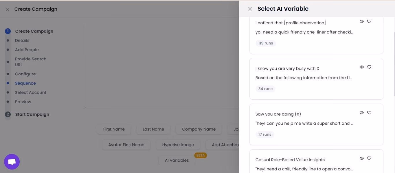 A screenshot of the 'Create Campaign' interface in Godmode, with a dropdown menu showing various AI variable options for personalized outreach