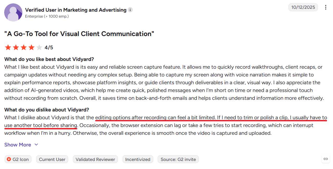 Review of Vidyard, mentioning limited editing options.