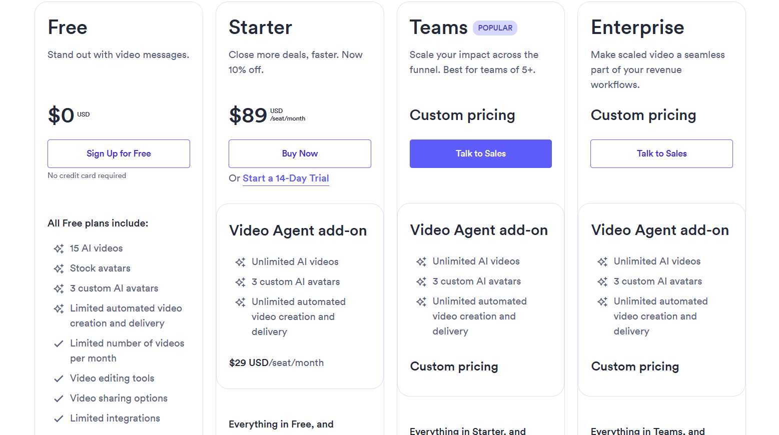 Vidyard pricing plans: Free, Starter, Teams, and Enterprise.
