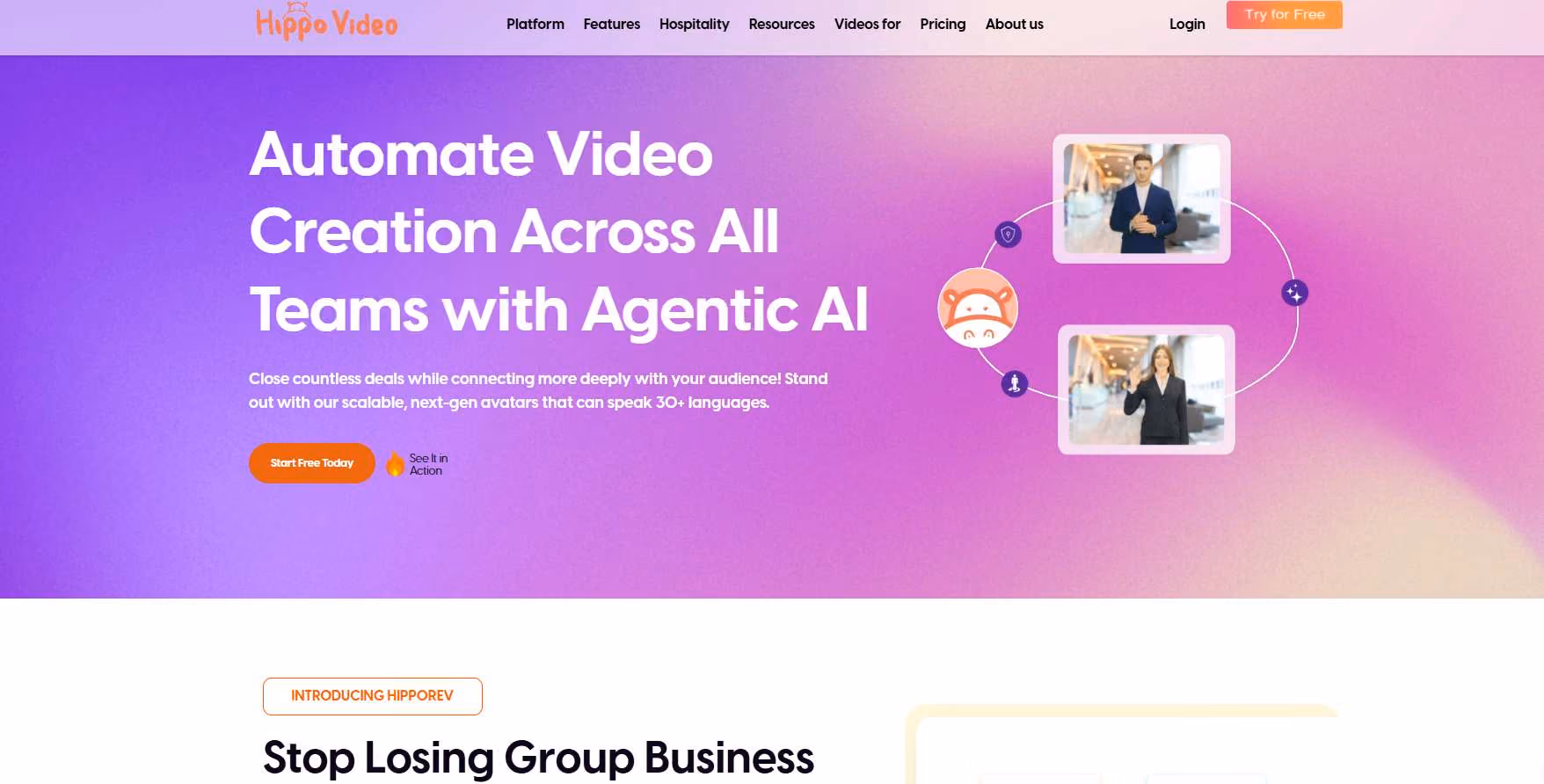 Hippo Video website hero section with headline "Automate Video Creation Across All Teams with Agentic AI"