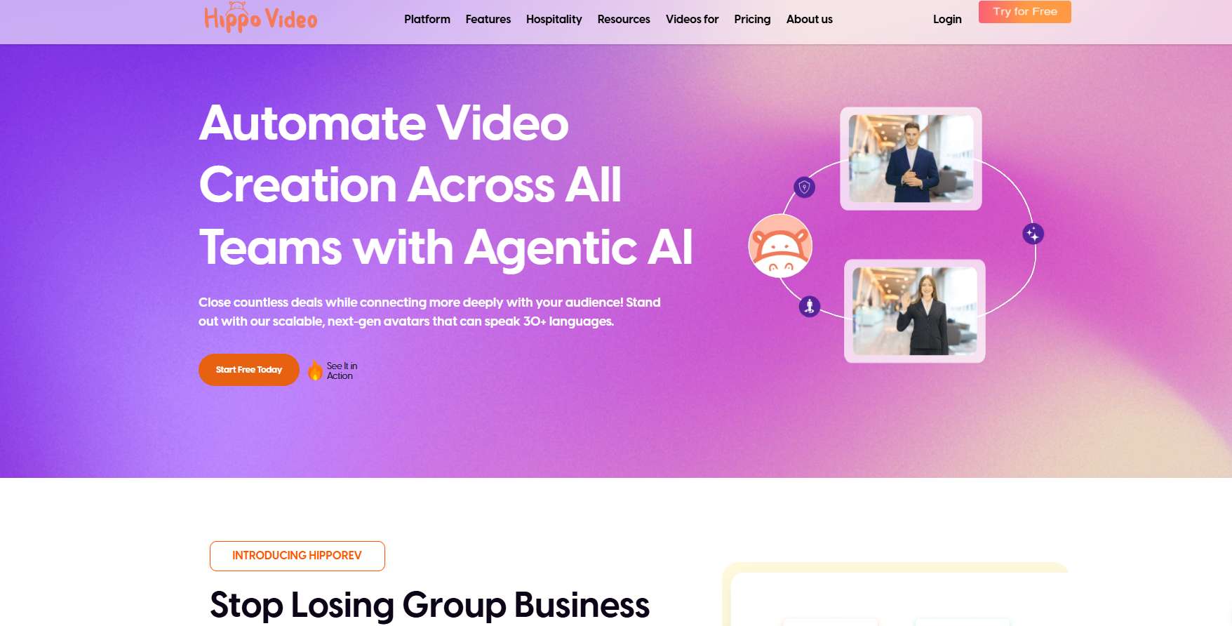 Hippo Video website hero section with headline "Automate Video Creation Across All Teams with Agentic AI"