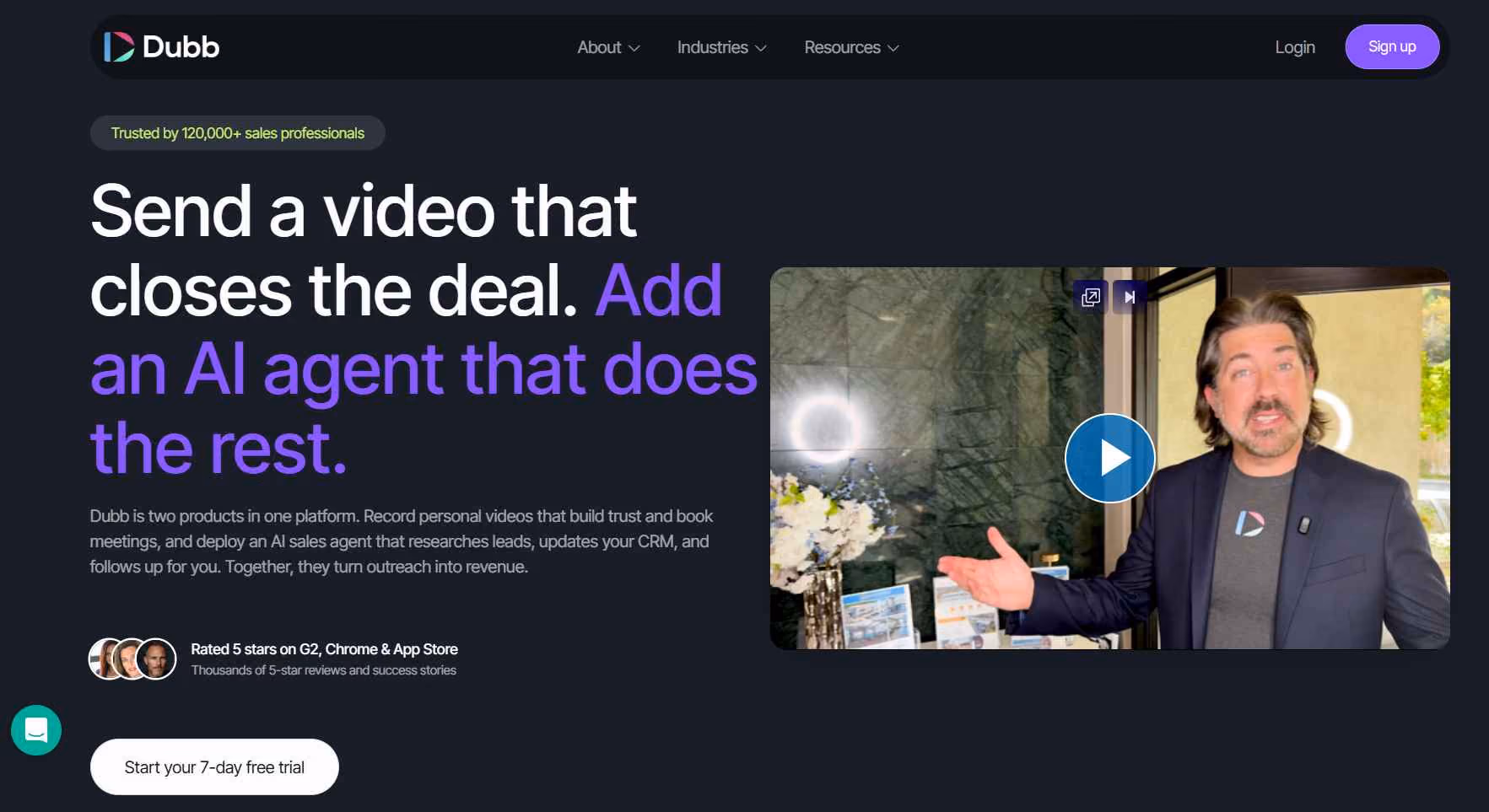 Dubb website hero section with headline "Send a video that closes the deal. Add an AI agent that does the rest.