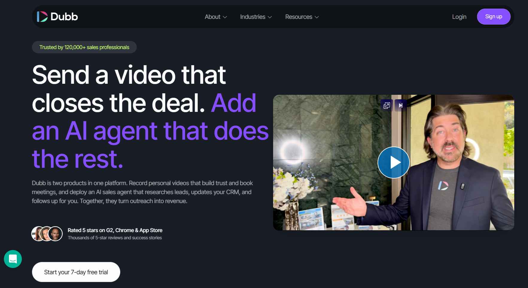 Dubb website hero section with headline "Send a video that closes the deal. Add an AI agent that does the rest.