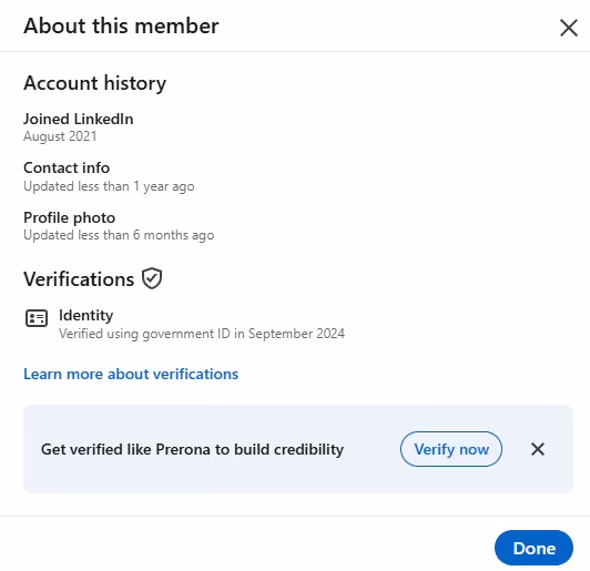 A screenshot of the "About this member" section of a LinkedIn profile, highlighting identity verification.