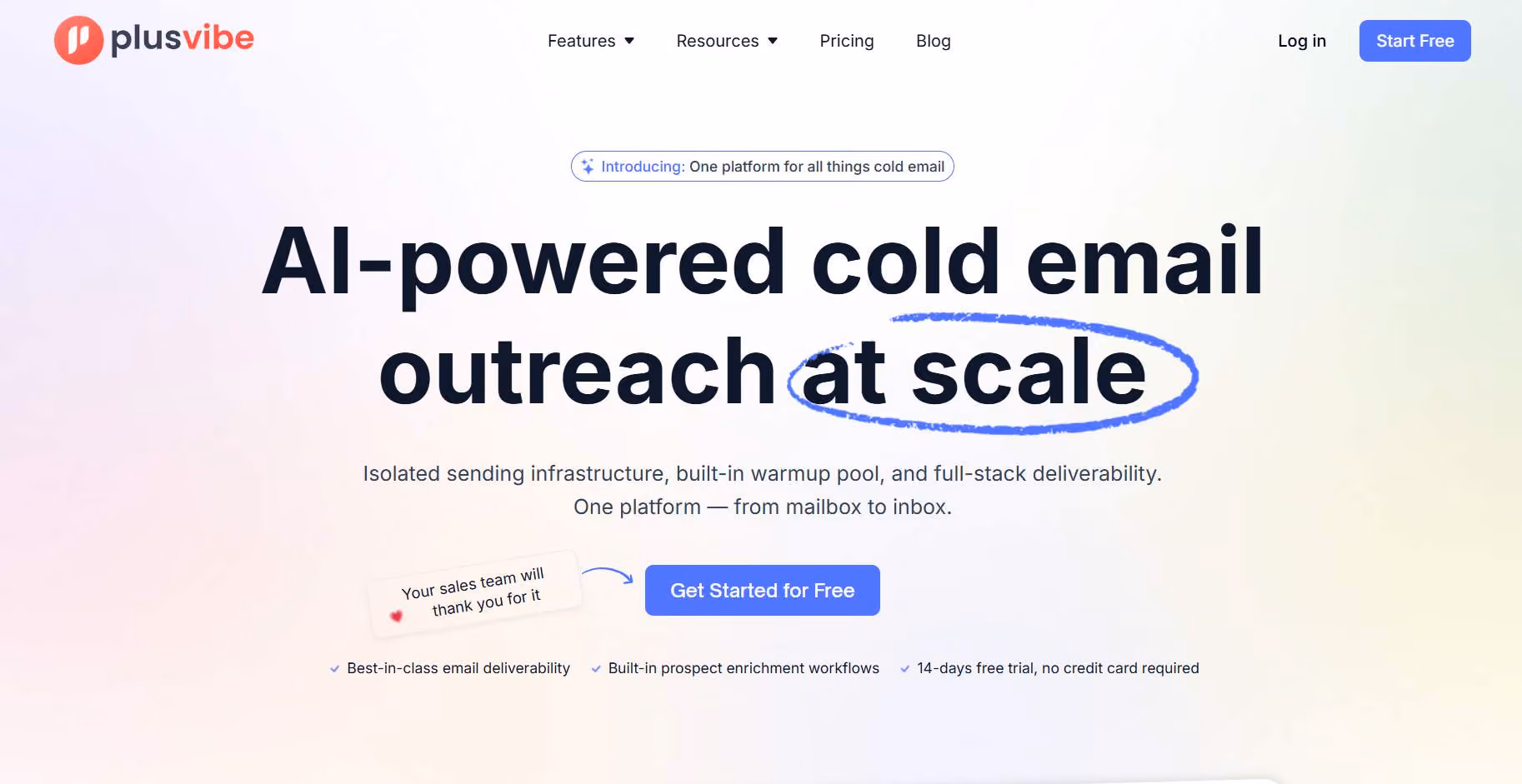Screenshot of the Plusvibe website homepage, featuring "AI-powered cold email outreach at scale" headline