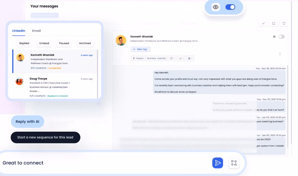 Dashboard showing LinkedIn messages and emails, with a focus on a conversation with Kenneth Wozniak.