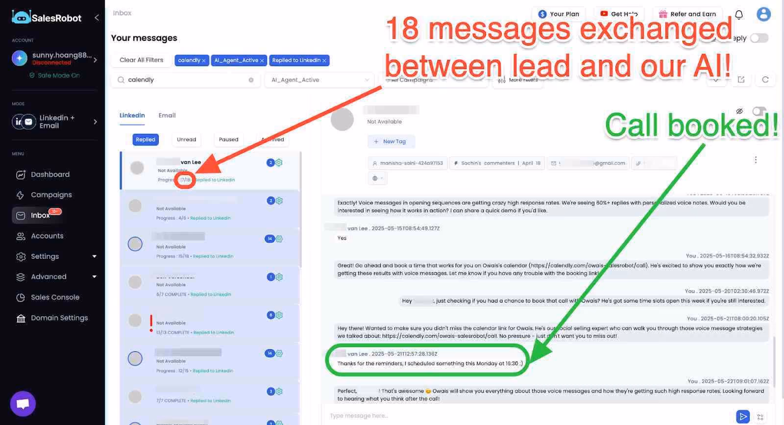 Sales dashboard displaying a list of messages exchanged between a lead and an AI agent, with a "Call booked!" notification.