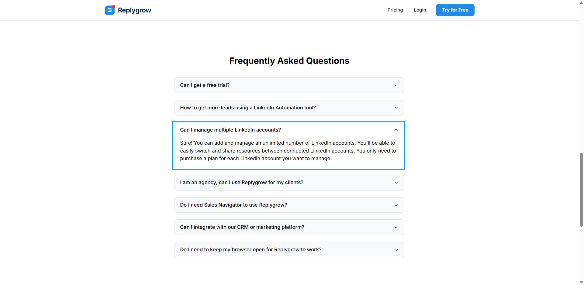 Frequently Asked Questions section with Can I manage multiple LinkedIn accounts? expanded to show details