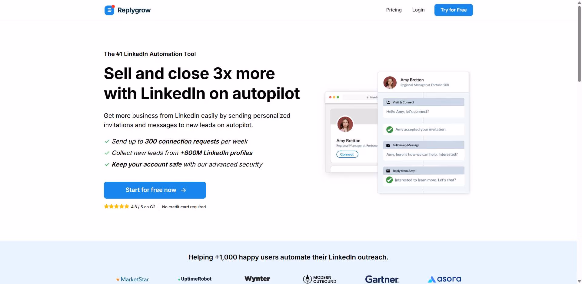 Replygrow homepage with the text The #1 LinkedIn Automation Tool. Sell and close 3x more with LinkedIn on autopilot.