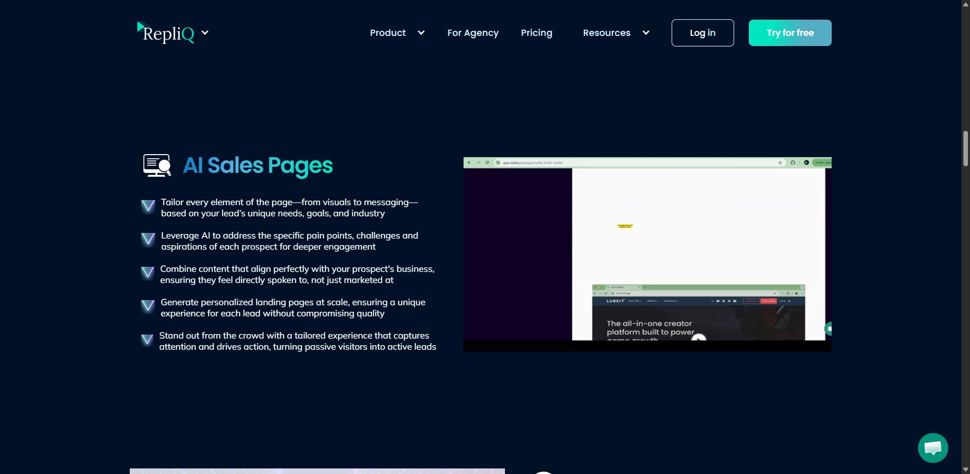 AI Sales Pages section with a description and icons.