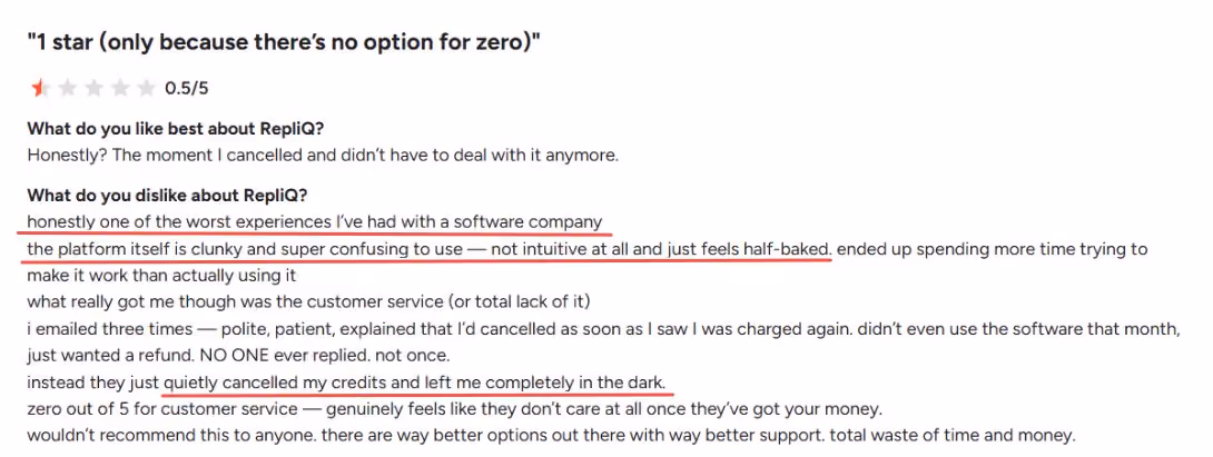 A negative review of Repliq, highlighting clunky platform, poor customer service, and unexplained credit cancellation