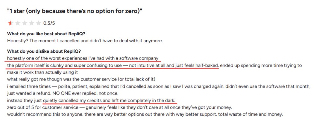 A negative review of Repliq, highlighting clunky platform, poor customer service, and unexplained credit cancellation