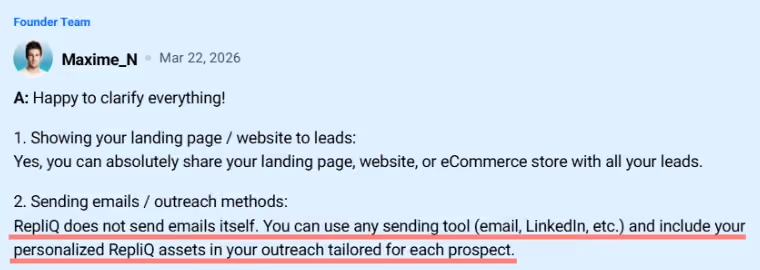 A response from Repliq's founder team explaining how the platform works, stating it does not send emails itself but includes personalized assets.