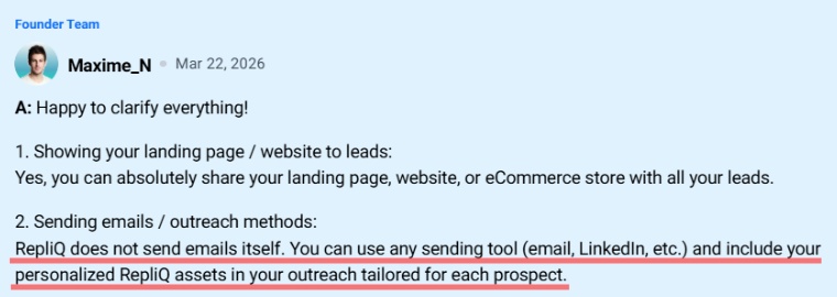 A response from Repliq's founder team explaining how the platform works, stating it does not send emails itself but includes personalized assets.