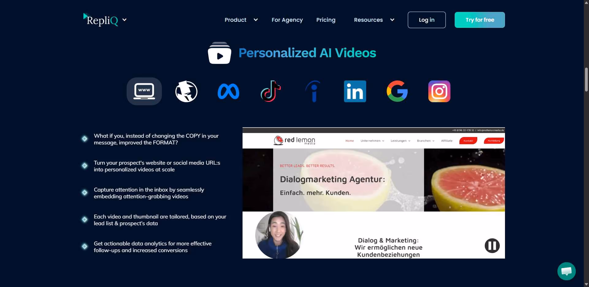 The Repliq website showcases "Personalized AI Videos" with social media logos and examples of personalized video marketing