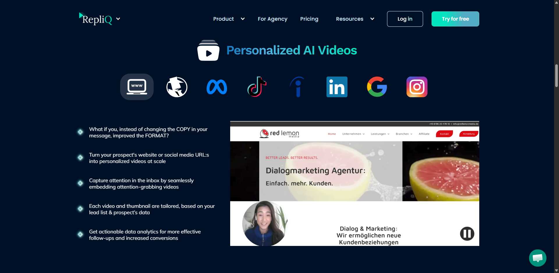 The Repliq website showcases "Personalized AI Videos" with social media logos and examples of personalized video marketing