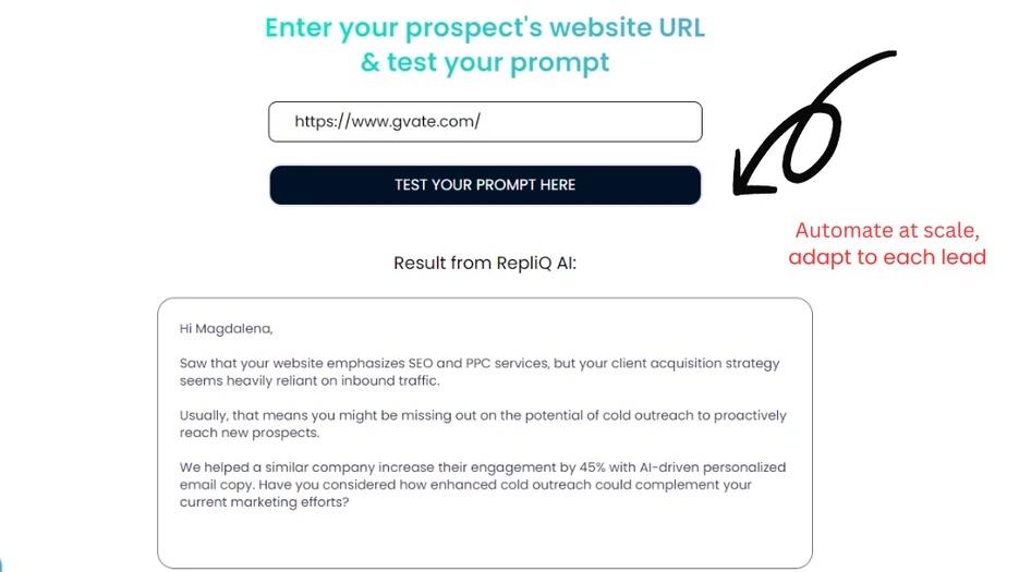 A form on the Repliq website to enter a prospect's URL and test a prompt, with an example of an AI-generated personalized email