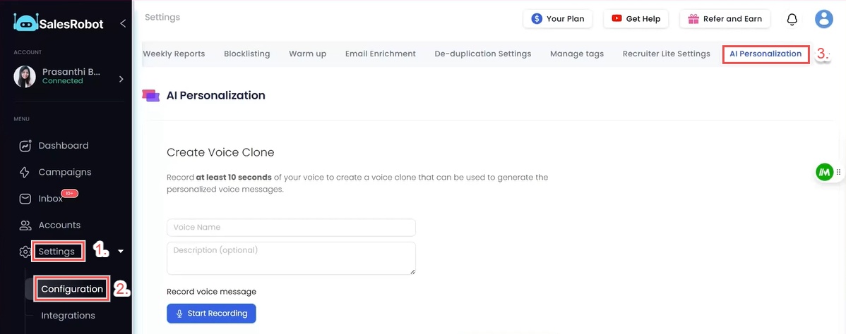 User is on the 'Add Voice Message' page, with options to record a new message, upload a voice message, or use voice clone