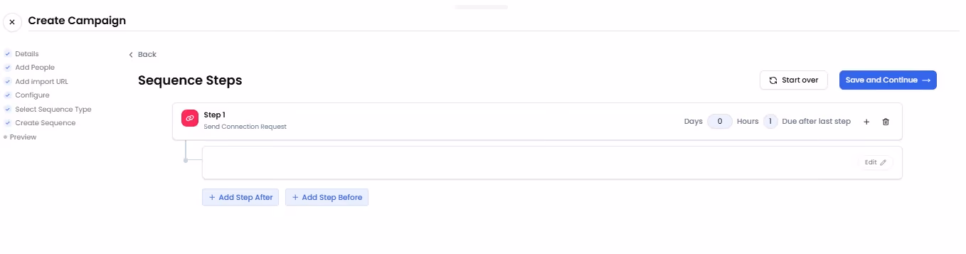 SalesRobot "Create Campaign" page showing "Sequence Steps" with an option to "Send Connection Request".