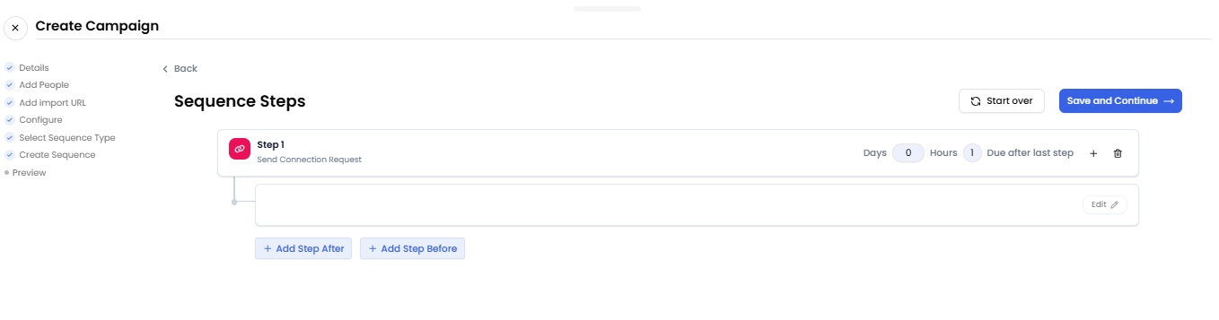 SalesRobot "Create Campaign" page showing "Sequence Steps" with an option to "Send Connection Request".