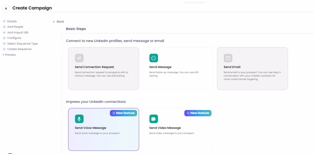 SalesRobot "Create Campaign" page showing "Basic Steps" with options to "Send Connection Request", "Send Message", and "Send Email".