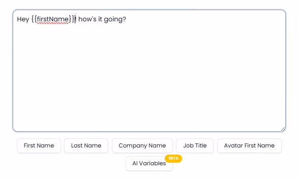 Text input field with a message template that includes a personalization variable for first name.