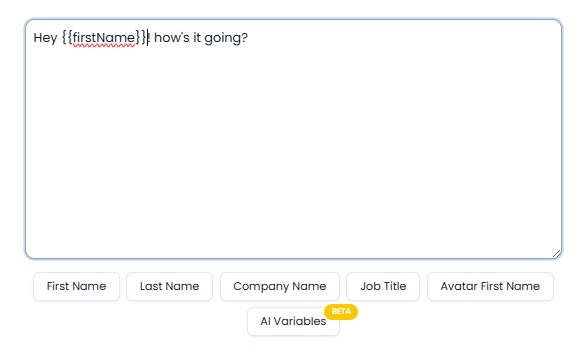 Text input field with a message template that includes a personalization variable for first name.