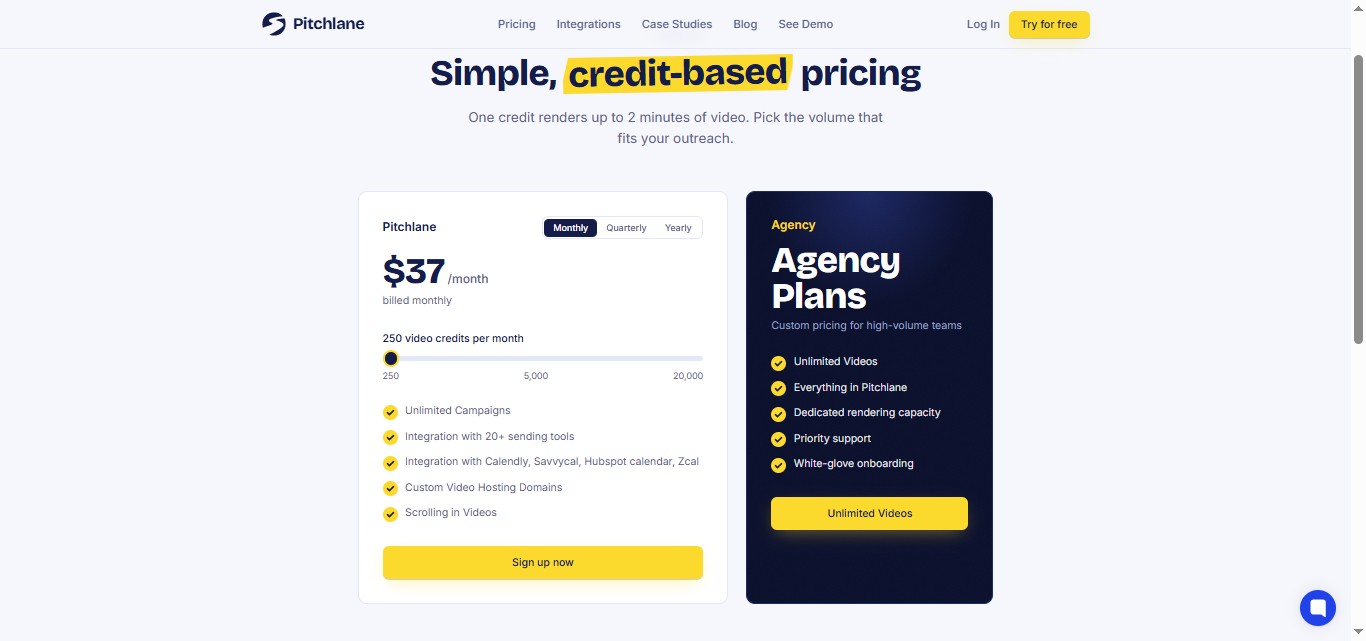 Pitchlane pricing page showing "Simple, credit-based pricing" headline.
