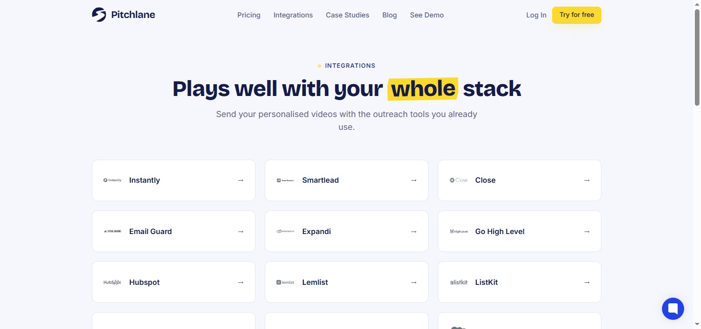 Pitchlane homepage showing "Plays well with your whole stack" headline.