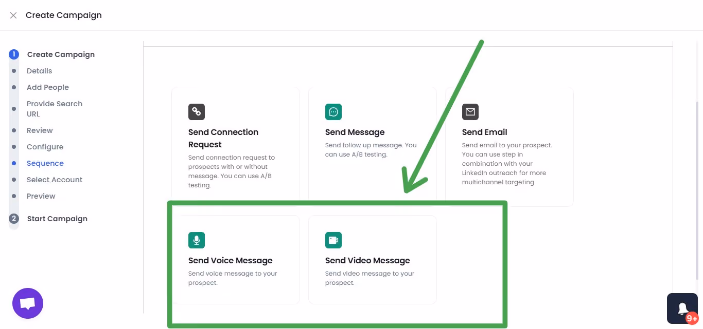 A screenshot of the "Create Campaign" page in SalesRobot, highlighting "Send Voice Message" and "Send Video Message" options. 