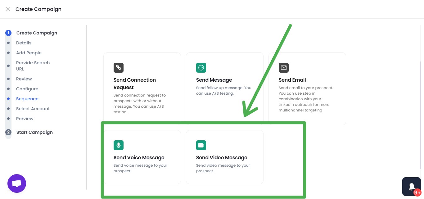 SalesRobot campaign creation interface highlighting "Send Voice Message" and "Send Video Message" options.