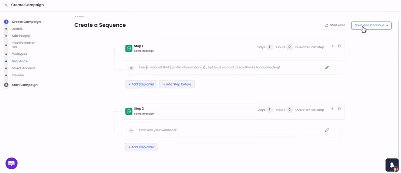 Screenshot of a sequence creation page with a cursor hovering over the "Save and Continue" button