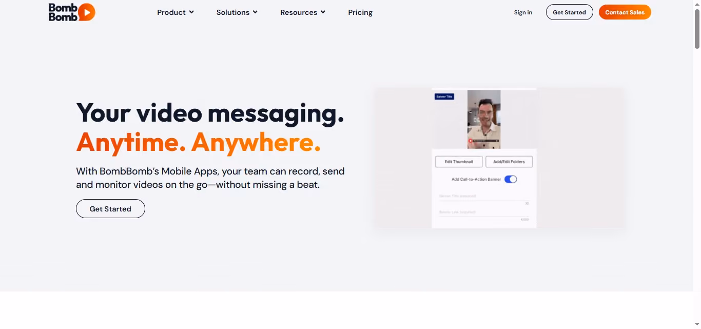 A screenshot of the BombBomb homepage with the headline "Your video messaging. Anytime. Anywhere."