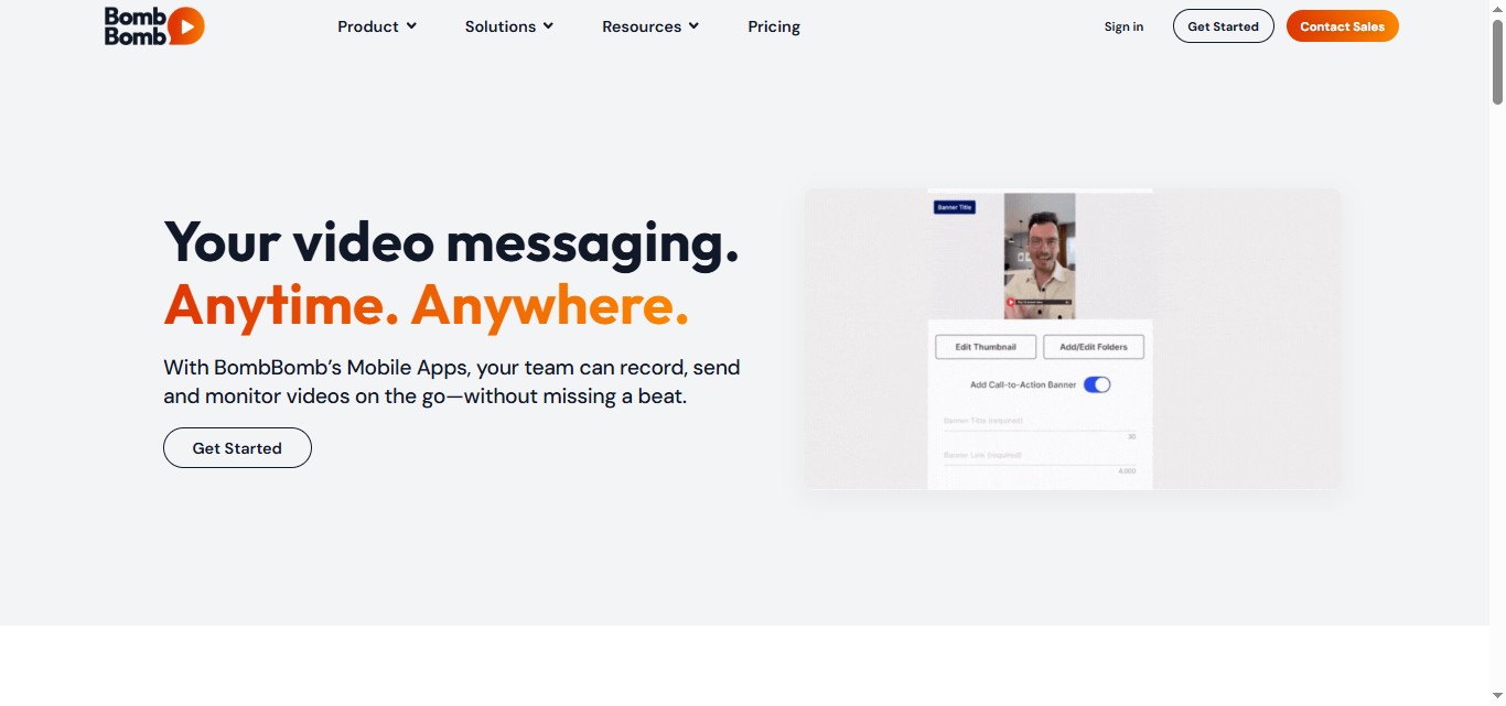 A screenshot of the BombBomb homepage with the headline "Your video messaging. Anytime. Anywhere."