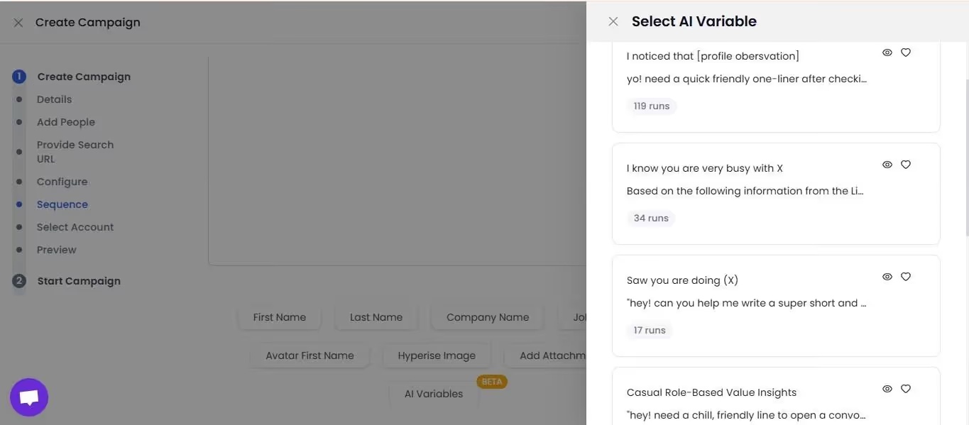 Create Campaign screen with AI Variable selection modal open.