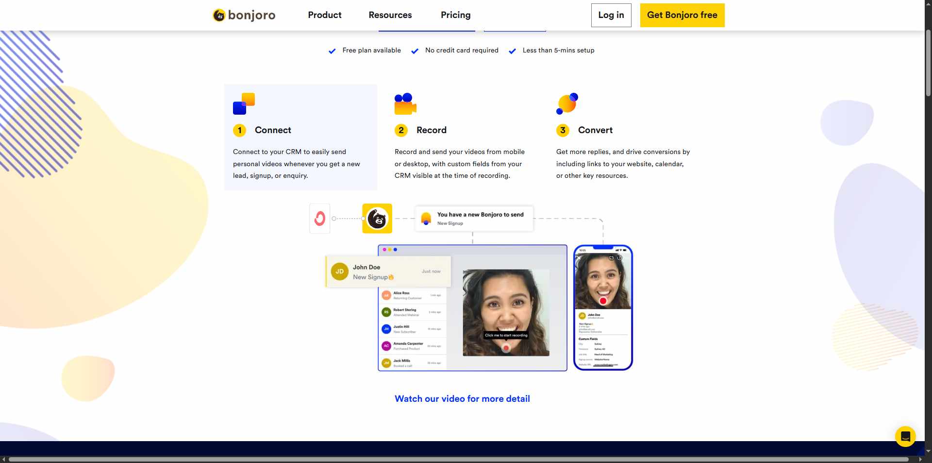 Bonjoro page with record, connect, and convert