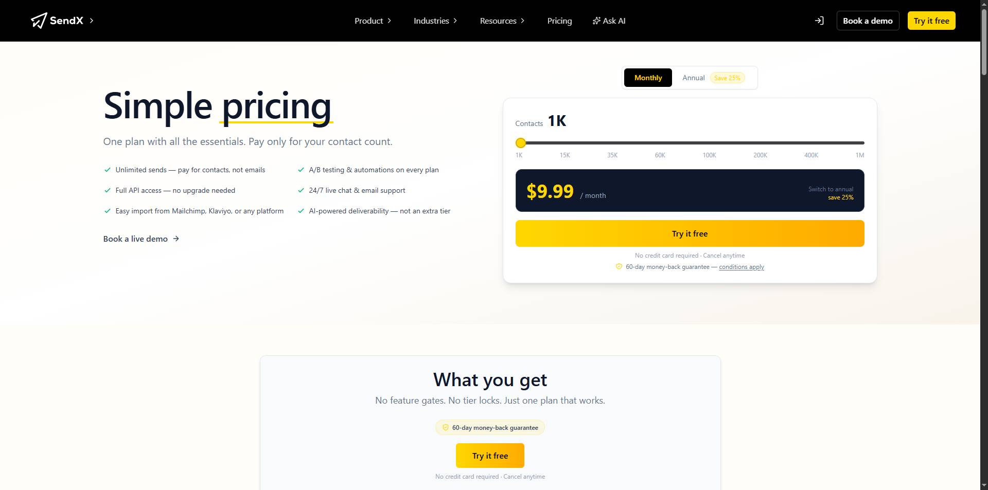simple sendx pricing starting at $9.99/month